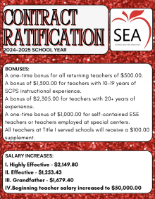 Contract Ratification Information, including an increase in salary for educators as well as a list of bonuses that returning teachers received.